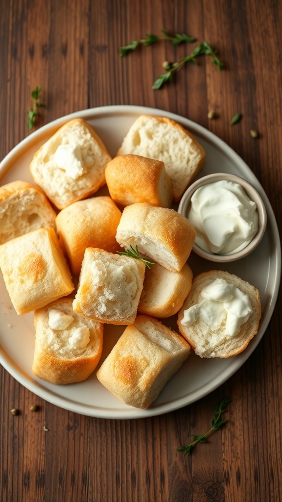 Vegetarian Cloud Bread Recipe Fluffy cloud bread pieces on a plate with herbs and cream cheese spread.